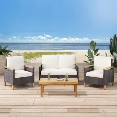 Isla Outdoor 4 Seater Chat Set with Coffee Table - Brown/Beige/Teak - Christopher Knight Home