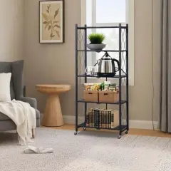Foldable Storage Shelves with Wheels, 5 Tier Large Capacity Shelving Unit, Freestanding Metal Wire Shelf Rack
