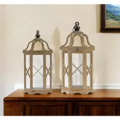 HomeRoots Set of Two Natural And Brown Distressed Geometric Wood And Metal Floor Lantern Candle Holders