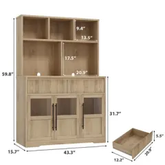 60'' Kitchen Pantry Cabinet, Tall Kitchen Pantry with Glass Doors, Kitchen Storage Cabinet with Drawers Coffee Bar Table