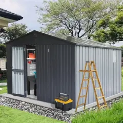 Outdoor Storage Shed with 2 Built-in Window, Galvanized Steel Frame, Sloping Roof Metal Storage Cabinet, Waterproof Rust-proof Tool Shed for Backyard