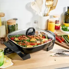 KitchenSmith by bella 11"x11" Electric Skillet with EverGood Ceramic Nonstick Coating: Cast Iron, 1000W, Gray