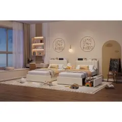 Twin Size Kids Bed Frame with Bookcase Headboard & Storage Drawers, Boucle Upholstered Platform Bed for Boys Girls, Beige