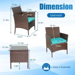 FDW 3-Piece Outdoor Wicker Conversation Bistro Set Rattan Wicker Patio Furniture Set with Cushions and Tempered Glass Table