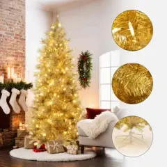 LuxenHome 7.5Ft Pre-Lit Gold Tinsel Artificial Pine Tree with Metal Stand