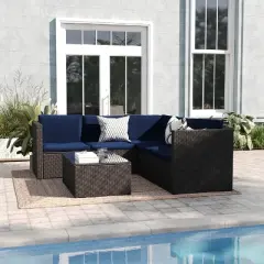 Emma and Oliver All Weather Wicker PE Rattan L-Shaped Sectional Sofa with Coffee Table and Included Back and Seat Cushions