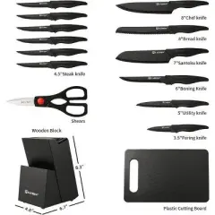 16 Pieces Kitchen Knife Block Set with Cutting Board, German Premium Quality Stainless Steel, Built-in sharpener, Dishwasher Safe, 6 Steak Knives