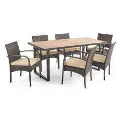Christopher Knight Home Heron Outdoor Acacia Wood and Wicker 7 Piece Dining Set with Cushion, Teak/Multibrown