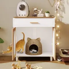 Modern Cat Litter Box Furniture with Charging Station and Scratcher, Hidden Litter Box Enclosure Cabinet for Living Room-The Pop Home