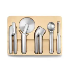 Caraway Home 6pc Kitchen Gadget Set: Stainless Steel Utensils, Includes Peeler, Pizza Cutter, Can Opener, Silver Holder