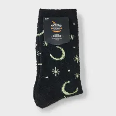 Women's Glow-in-the-Dark Moon and Stars Halloween Cozy Crew Socks - Hyde and EEK! Boutique&trade; Black 4 - 10