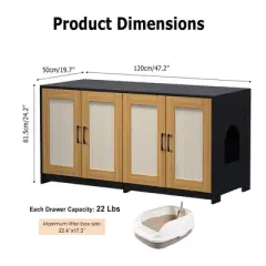 47'' Cat Litter Box Enclosure for 2 Litter Boxes with 4 Sisal Doors, Hidden Litterbox Enclosure with Double Room, Wooden Sideboard TV Stand
