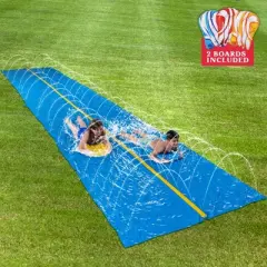 Joyfy 30ft Double Lane Water Slides with Inflatable Bodyboards , Huge Yard Lawn Water Slip with Build in Sprinkler