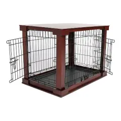 Merry Products 2 Door Decorative Pet Kennel with Wooden Protection Cover, Divider Insert, and Removable Tray End or Side Table, Large, Brown