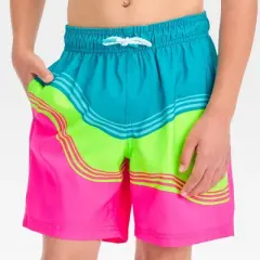 Boys' Wave Swim Shorts - Cat & Jack&trade; Pink/Neon Green/Turquoise Blue