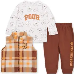 Baby Boys' 3pc Disney Winnie The Pooh Long Sleeve Shirt with Cozy Zip-Up Vest & Bottom Set - Brown