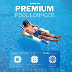 Swimline SunChaser Padded Floating Luxury Pool Lounger Sling Chair Float with Extra Thick Headrest and 2 Cup Holders, Blue/White Stripe