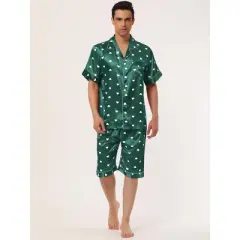 Lars Amadeus Men's Satin Pajama Set Cute Heart Print Button Down Short Sleepwear Loungewear Pjs Sets