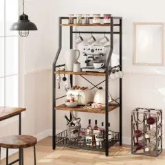 Freestanding Kitchen Bakers Rack, 4 Tier Microwave Stand with Wire Basket, 50.7'' Tall Industrial Coffee Bar Station, Kitchen Shelves Spice Rack