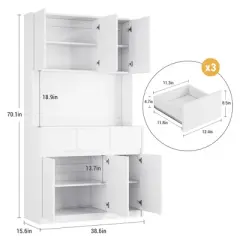 71" Kitchen Pantry Cabinet - Hutch Storage with LED Lights & Power Outlets, Buffet Cabinet with Microwave Stand, Adjustable Shelves, Handless Design