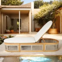 Moda Furnishings Acacia Wood Rope Weaving Patio Outdoor Reclining Chaise Lounge With Cream Cushions