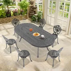 7-Piece Patio Set: Oval Table & 6 Chairs - Cast Aluminum, All-Weather/Umbrella Hole & Adjustable Legs for Balcony/Backyard