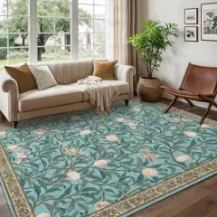 8'x10' Washable Botanical Farmhouse Living Room Bedroom Rugs, Soft Ultra Thin Floor Carpet for Nursery Dining Room Office, Light Blue