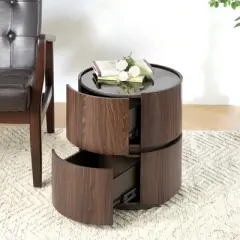 Round Side Table With 2 Drawers, Modern Bedroom Nightstand, Space Saving End Table, Sofa Side Table for Living Room Bedroom, No Assembly Required