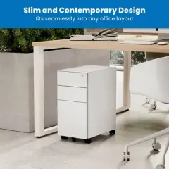 Mount-It! Mobile File Pedestal Cabinet with 3 Drawers & Lock | Slim Design Under Desk Storage & Organizer for Files, Folders & Office Supplies | White