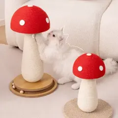 Fairyland&trade; - Mushroom Cat Scratching Post with Spinning Wood Base & Interactive Balls &ndash; Natural Sisal Rope Cat Scratcher, 20.9" Tall