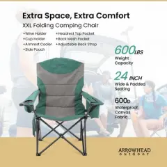 Arrowhead Outdoor XXL Folding Padded Camping Chair w/Cup & Wine Holder, Armrest Cooler, Support up to 600 lbs (Forest Green)