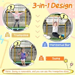 Infans 6FT Rectangle Trampoline with Swing, Mini Kids Trampoline with Net, Horizontal Bar, 2 Way Zippers, Recreational Trampoline for 3+, Blue/Yellow