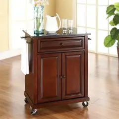 Wood Solid Black Granite Top Kitchen Cart in Mahogany Brown - Bowery Hill