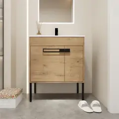 Bathroom Cabinet with Sink, Freestanding Bathroom Vanity or Floating Optional Conversion, Oak - ModernLuxe