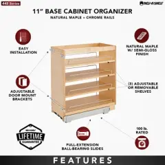 Rev-A-Shelf Pull Out Kitchen Cabinet Storage Organizer Spice Rack w/3 Adjustable Sliding Wood Shelves, Chrome Rails, & 100lb Capacity