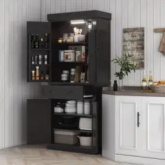 Yukimo 71" Tall Kitchen Pantry Cabinet, LED Light with Sensor, Drawer & Adjustable Shelves, Black