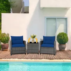 Tangkula 3PCS Patio Rattan Sofa Set Outdoor Wicker Conversation Set Glass Tabletop w/ Navy Cushion