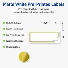 Avery Labels, 1" x 2-5/8", Matte White, Double Gold Border w/ Florals, 160ct