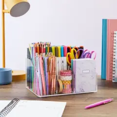 Bright Creations 7 Compartment Desktop Organizer, Clear Acrylic Pen & Pencil Holder for Desk, School & Office Supplies, 8.7x6.5x4.52 in