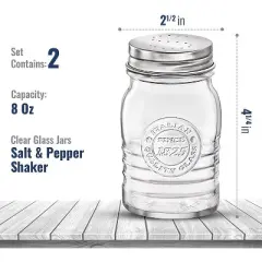 Bormioli Rocco Officina 1825 Salt And Pepper Shaker, Set Of 2, Clear, 8 Oz. Stain Resistant, Durable Glass Jars, Made In Italy