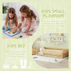 Mshliw Twin/Full/Queen Size Kids Floor Bed with Safety Guardrails and Door, Montessori Style Wooden Platform Bed Frame for Toddlers, Children Bedroom