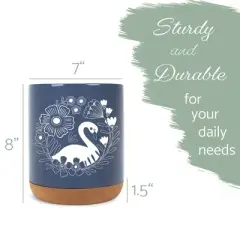 Elanze Designs 8 inch Floral Swan Large Ceramic Kitchen Utensil Holder Navy Blue and White Crock with Cork Base