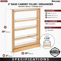 Rev-A-Shelf 432-BF-3C Narrow Vertical Wooden Pull Out Sliding Kitchen Cabinet Pantry Spice Rack Organizer with 4 Slide Out Space Saving Shelves