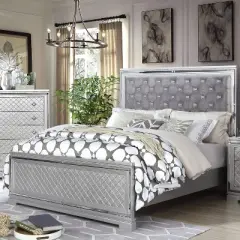 HOMES: Inside + Out Eastern King Tenaya Glam Bed with Button Tufted Headboard Silver: Upholstered Polyester Frame