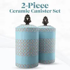 American Atelier 2-Piece Ceramic Canister Jars w/ Engraved Design & Airtight Stainless-Steel Lids For Sugar, Flour, Coffee & More, Blue