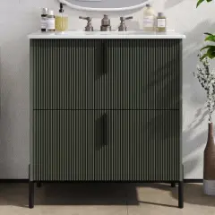 KTMBDW Fluted Design Bathroom Vanity with Ceramic Sink, Wooden Bathroom Storage Vanity with 30 Inch, Small Quick Assembly Bathroom Cabinet