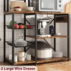 Microwave Stand Bakers Rack, Standing Bakers Rack with Power Outlet, Large Open Storage Shelves, Coffee Bar Kitchen Storage Shelf