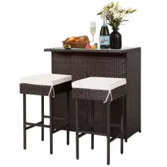 Tangkula 3PCS Patio Wicker Rattan Bar Set Table w/2 White Cushioned Stools