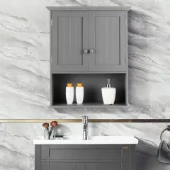 Tangkula Wall Mounted Bathroom Cabinet Medicine Cabinet Storage Organizer with 2 Doors & Adjustable Shelf Grey/White