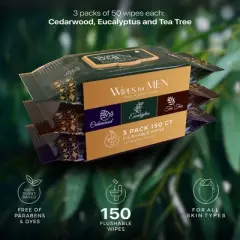 Men's Assorted Face and Body Wipes &ndash; Cedarwood, Tea Tree, and Eucalyptus (3-Pack, 150 Wipes)